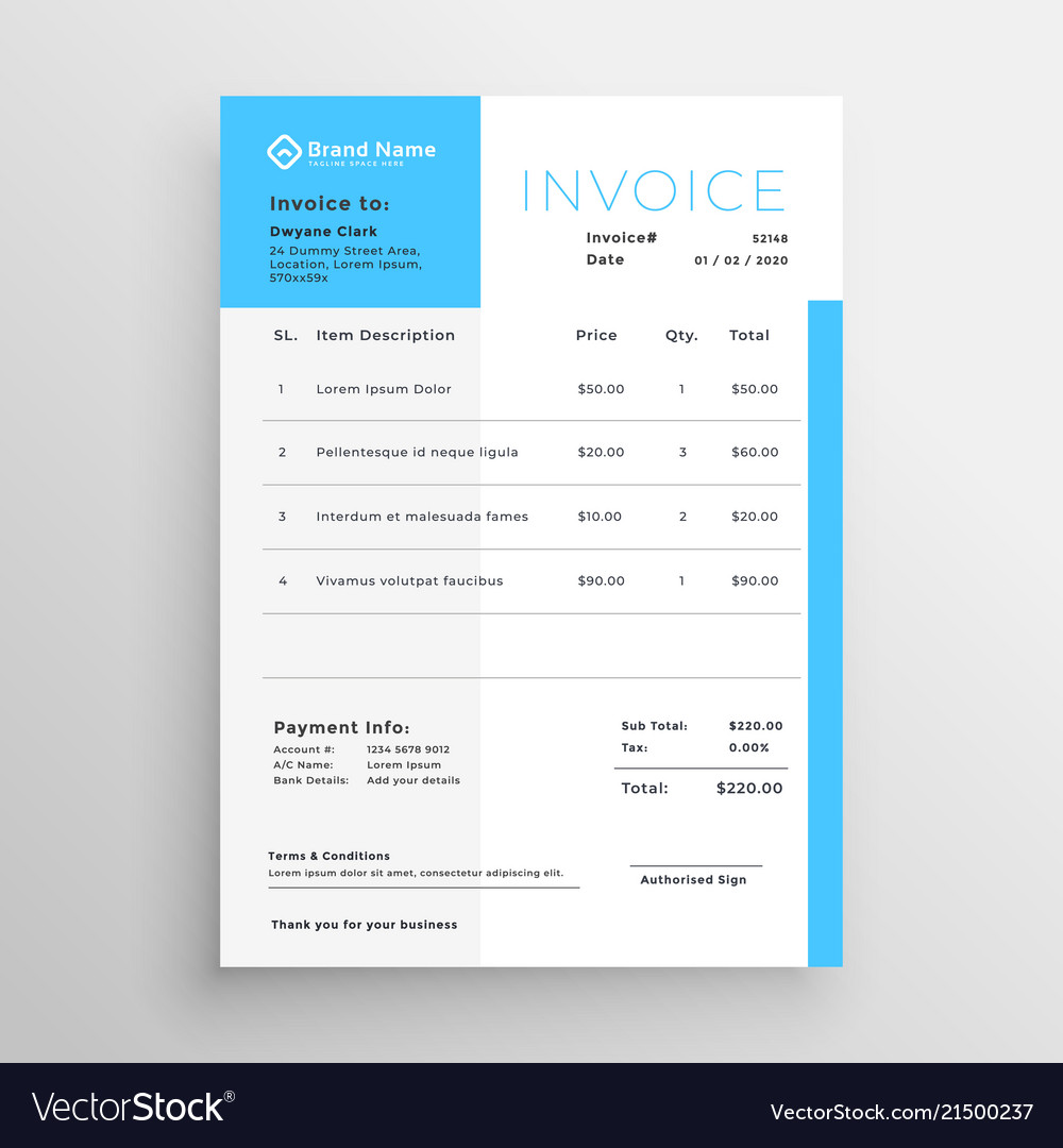 Business Invoice Blue Minimal Template Design Vector Image