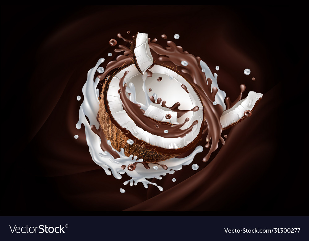 Sliced Coconut In A Chocolate And Milky Splash Vector Image