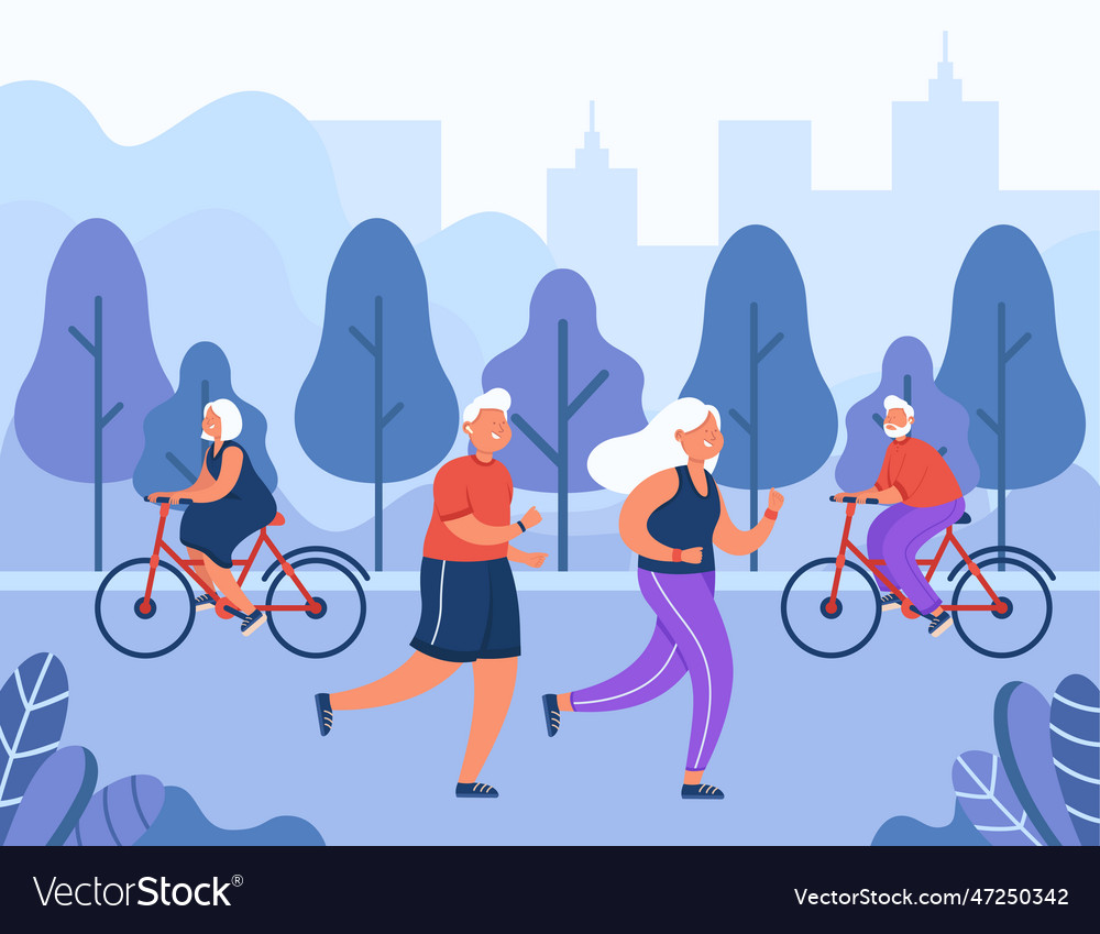 Happy Old People Doing Sport In City Park Vector Image