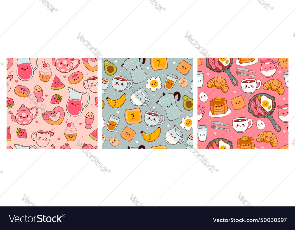 Set Of Cute Seamless Patterns With Kawaii Food Vector Image