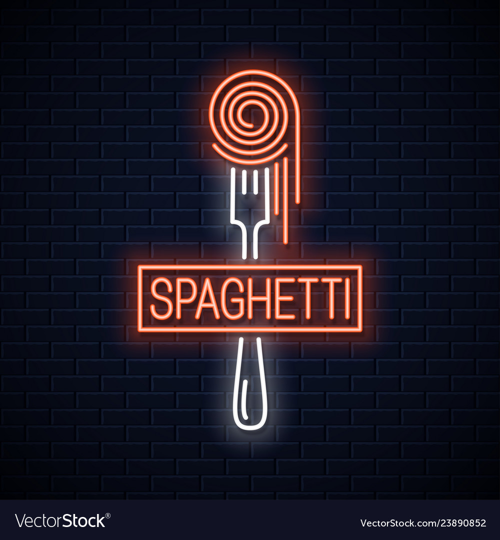 Spaghetti On Fork Neon Sign Italian Pasta Vector Image