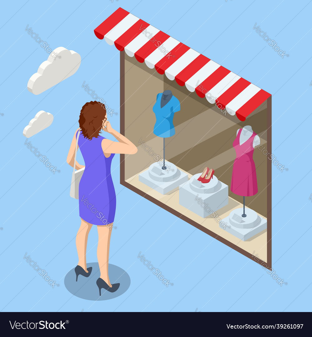 Isometric Woman Looks At The Clothes Shop Window Vector Image