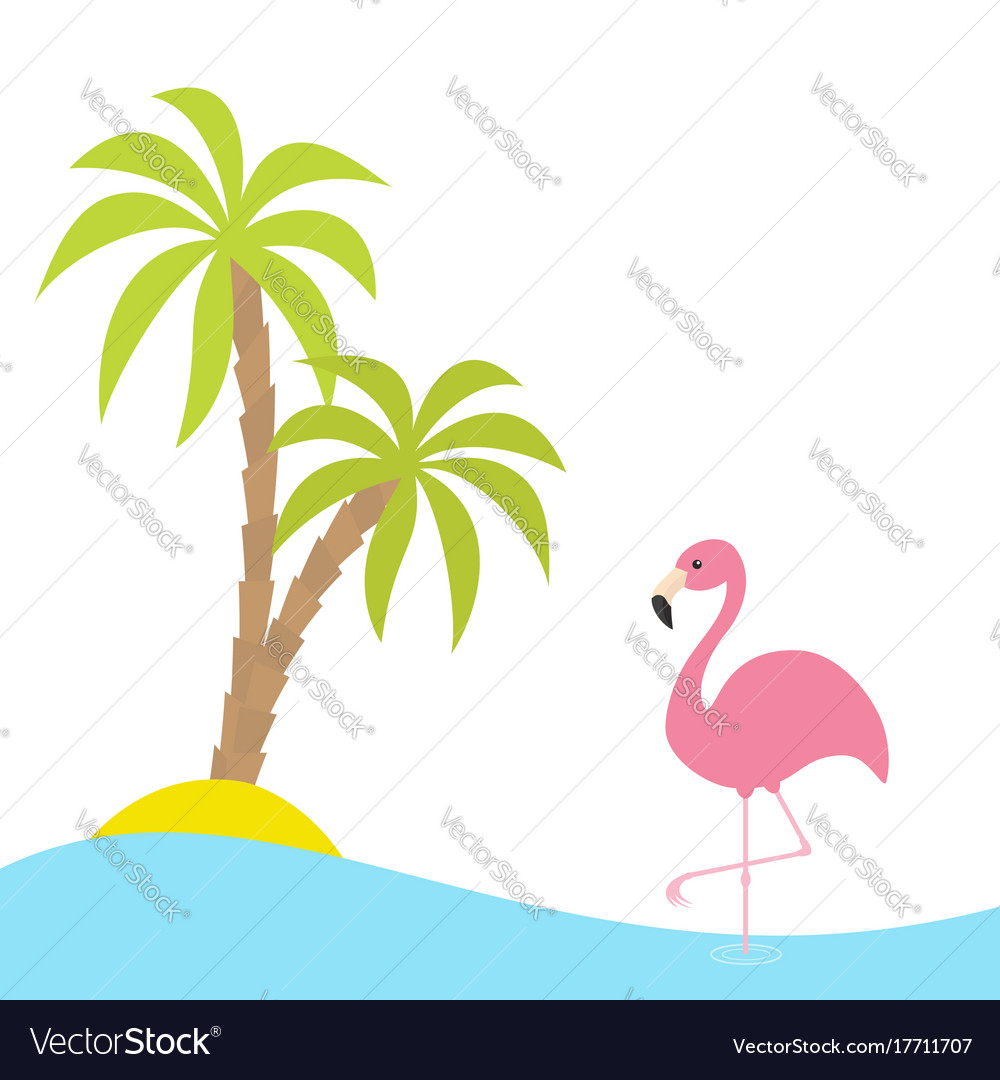 Pink Flamingo Standing On One Leg Two Palms Tree Vector Image