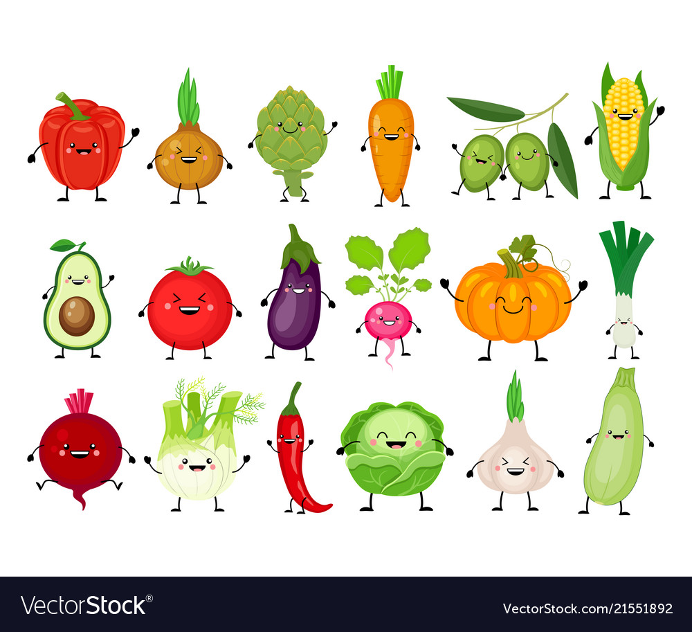 Funny Cartoon Set Of Different Vegetables Kawaii Vector Image