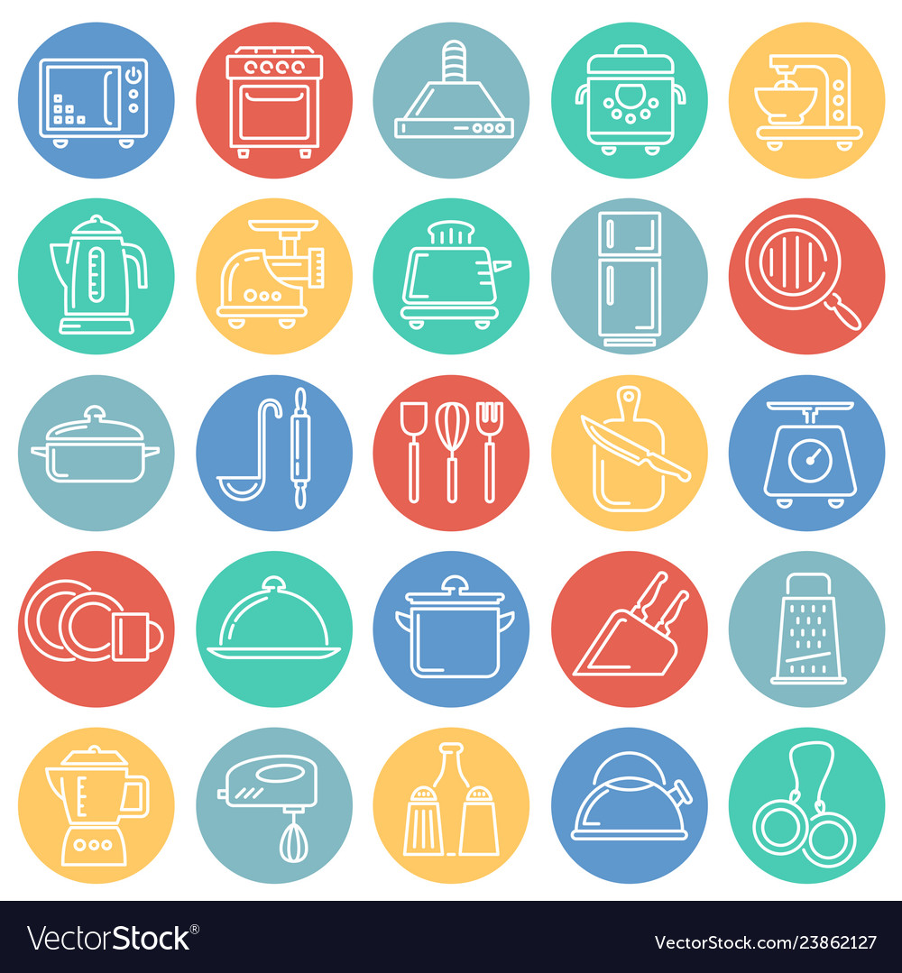 Kitchen Appliances Line Icons Set On Color Circles