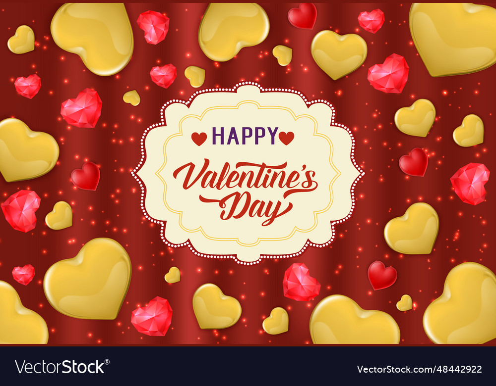 Happy Valentine Day Lettering Gold Hearts Vector Image