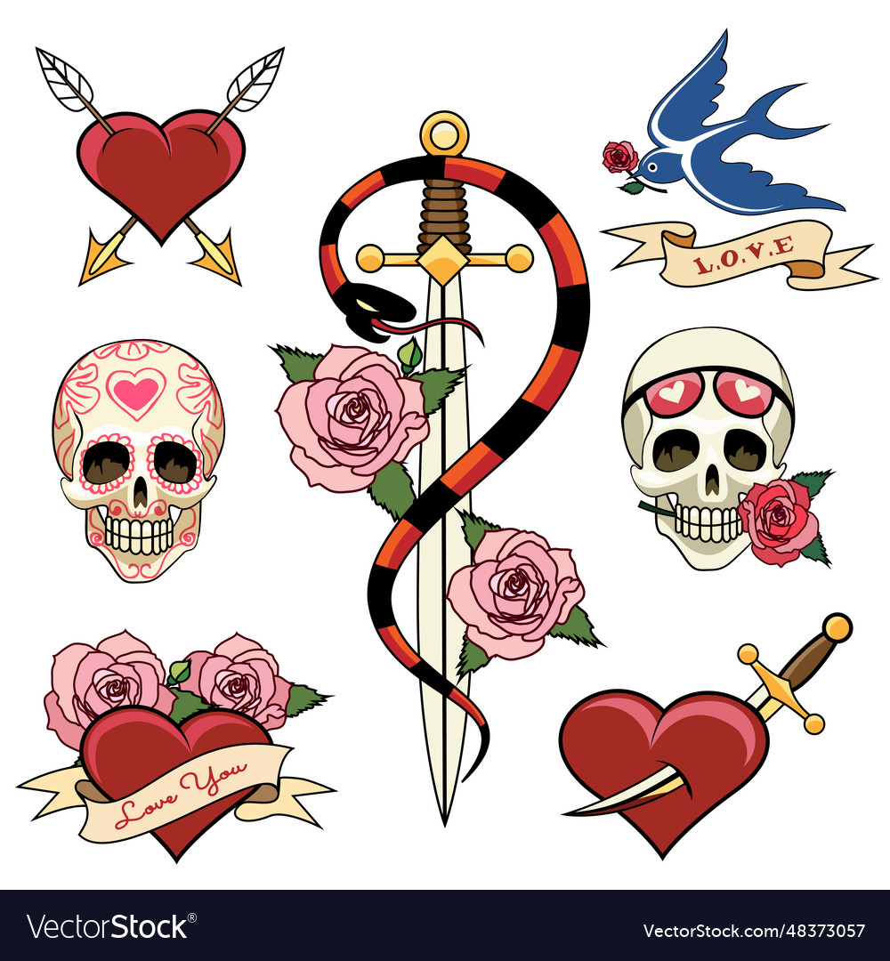 Various Heart Skull And Dagger Tattoo Graphics Vector Image