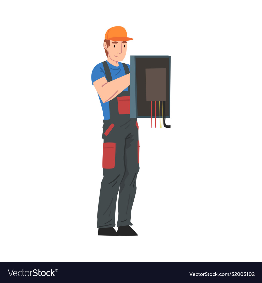 Male Electrician Engineer Repairing Control Panel Vector Image