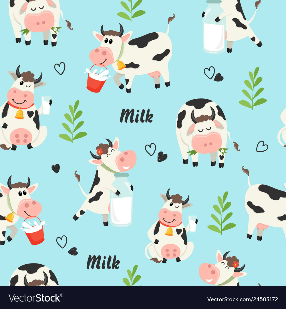 Seamless Pattern With Farm Cows And Milk Bottle Vector Image