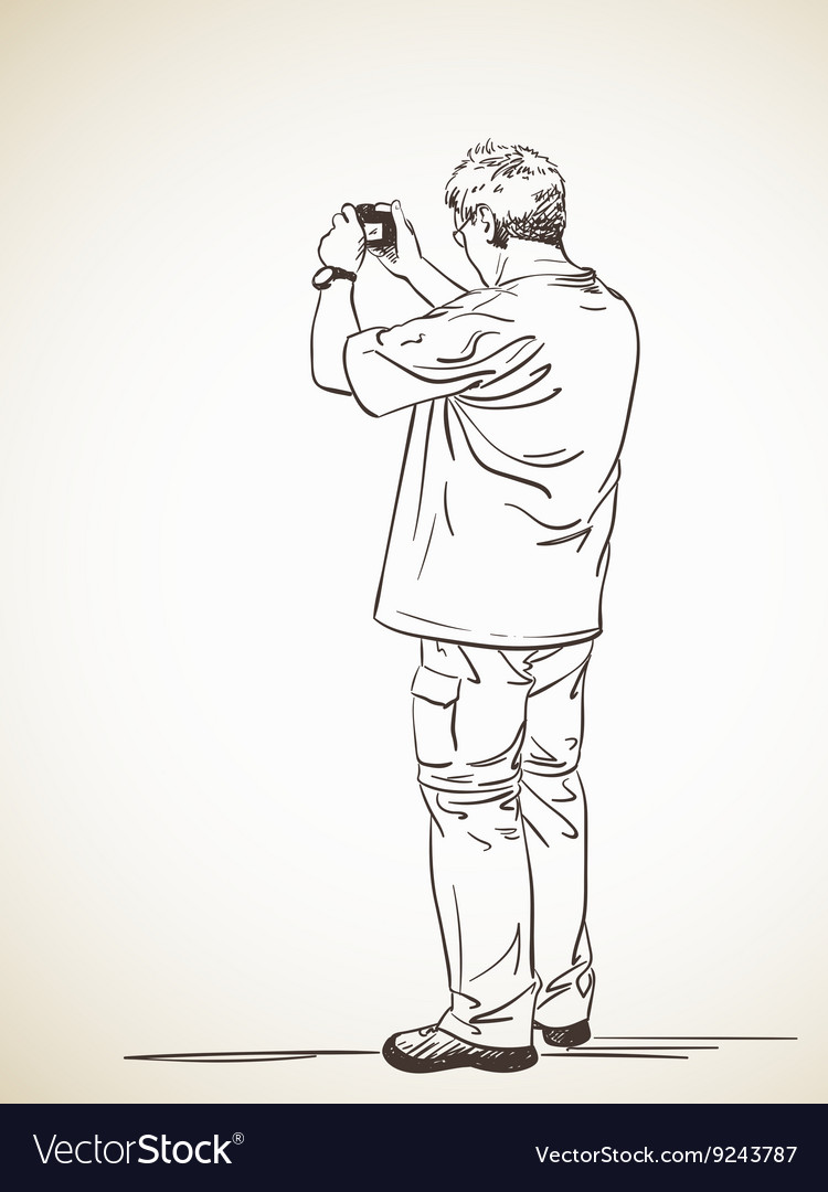 Man Taking Photo With Smart Phone Hand Drawn Vector Image