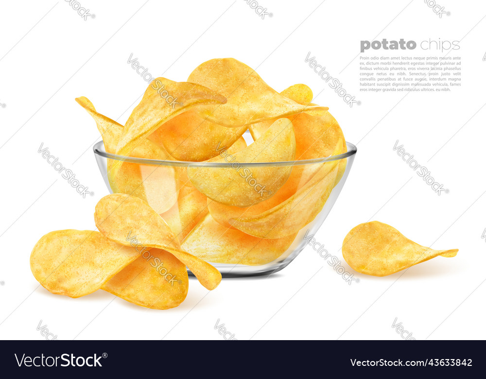 Crispy Wavy Potato Chips In Glass Bowl Background Vector Image