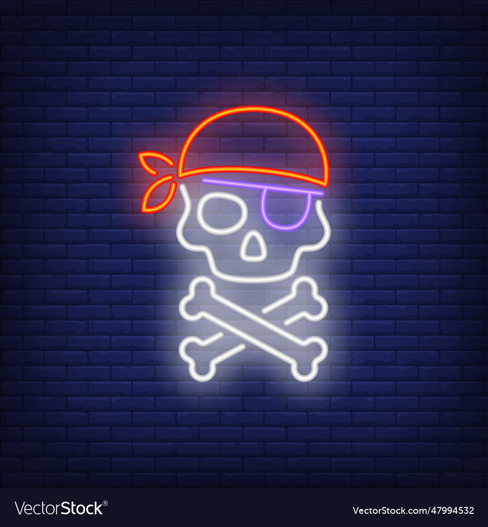 Skull In Bandana And Eyepatch Neon Sign Royalty Free Vector