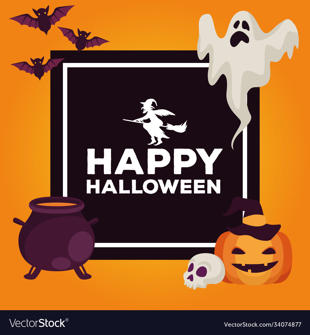 Happy Halloween Celebration Card With Cauldron Vector Image