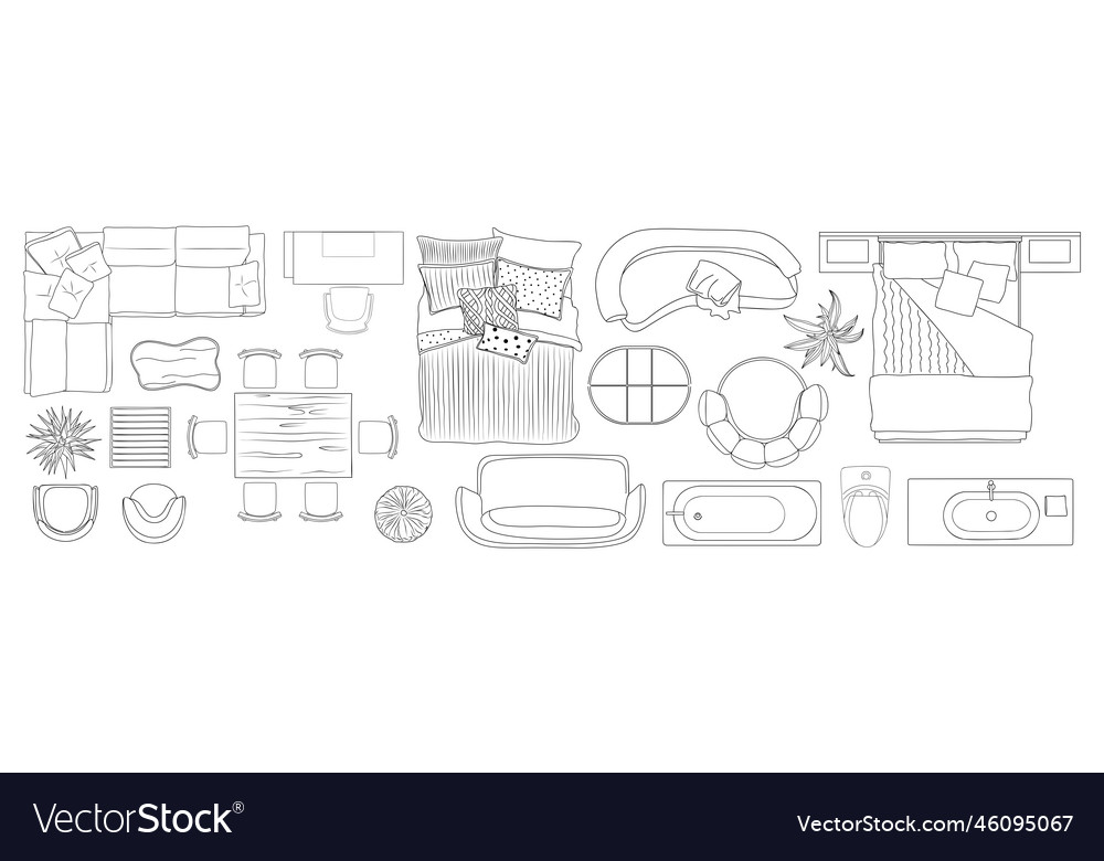 Set Of Furniture Top View Line Art Drawings Vector Image