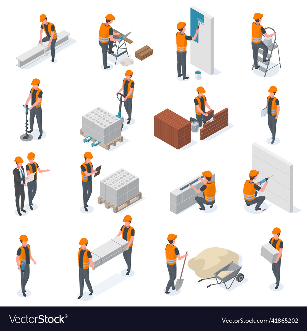 Isometric Construction Workers Builders Royalty Free Vector