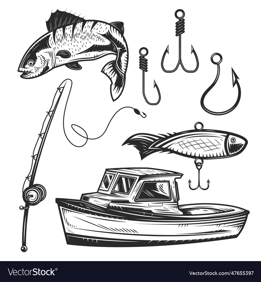 Set Of Fishing Elements For Creating Your Own Vector Image