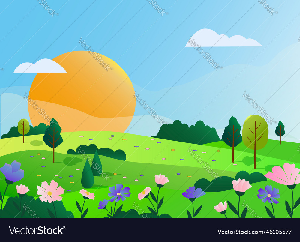 Spring Landscape With Trees And Sun Flowers Vector Image