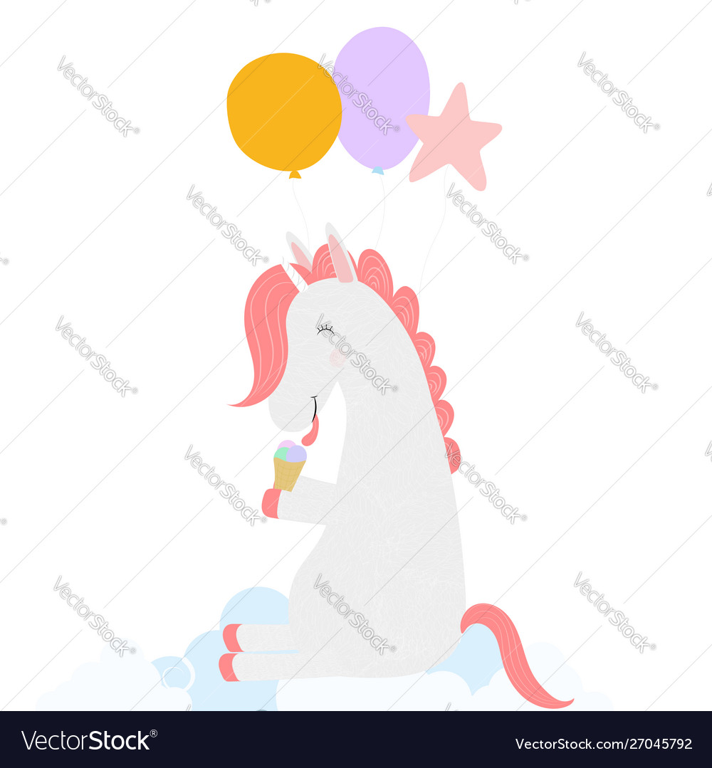 Cute Unicorn With Balloons Eating Ice Cream Cone Vector Image