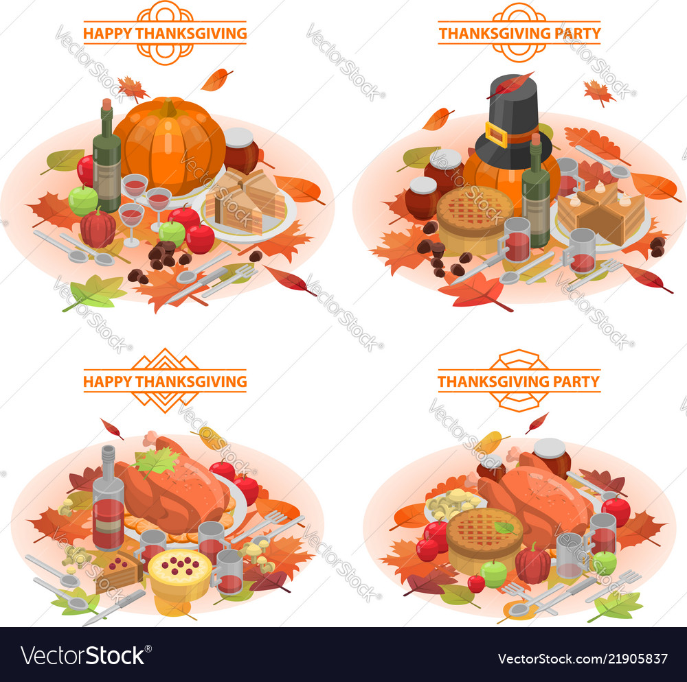 Thanksgiving Day Banner Set Isometric Style Vector Image