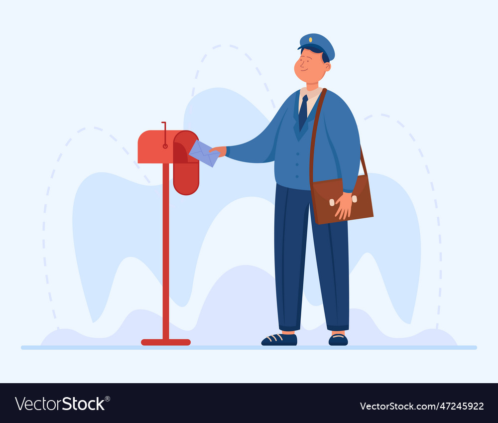 Smiling Postman Putting Letter Into Mailbox Vector Image