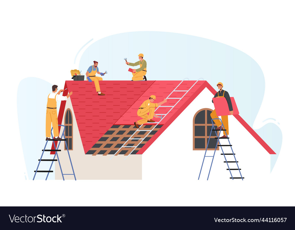 Roof Construction Workers Characters Conduct Vector Image