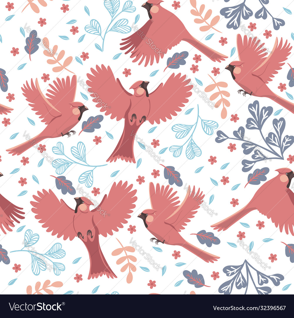 Seamless Pattern With Red Cardinal Birds Vector Image