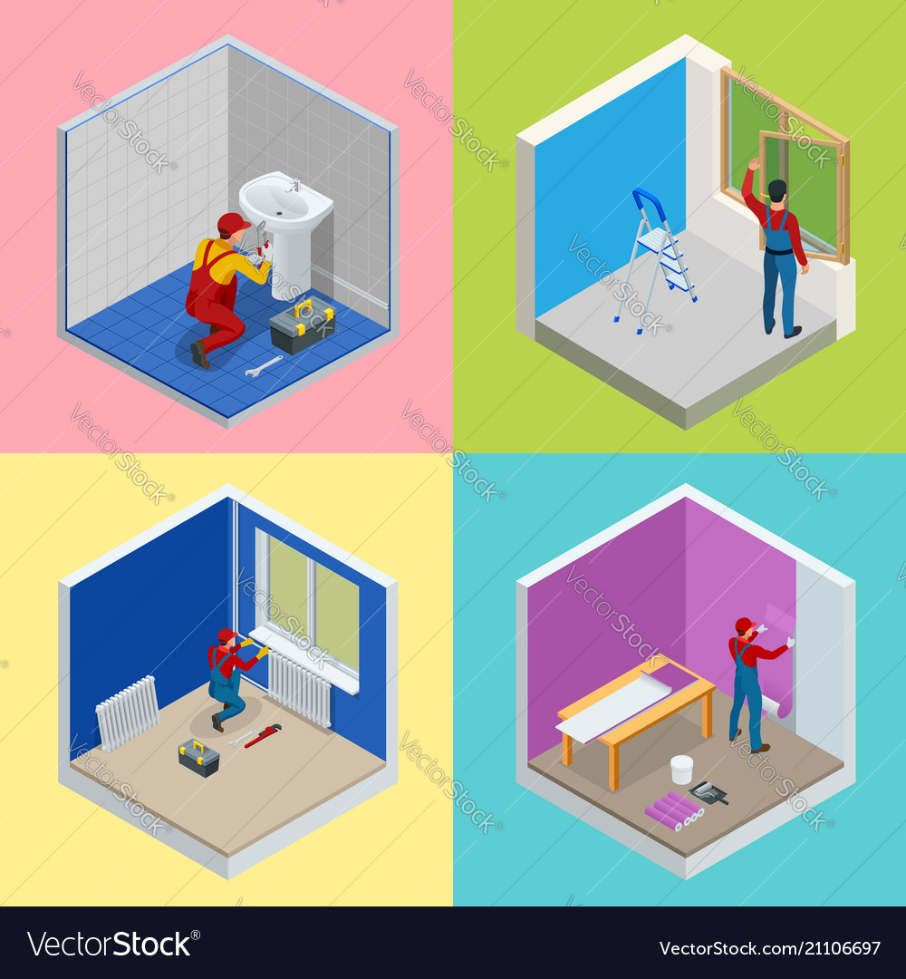 Home Repair Isometric Concept Set With Workers Vector Image