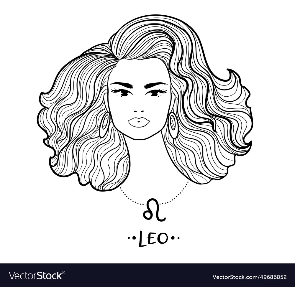 Leo Zodiac Sign Line Art Female Face Portrait Vector Image