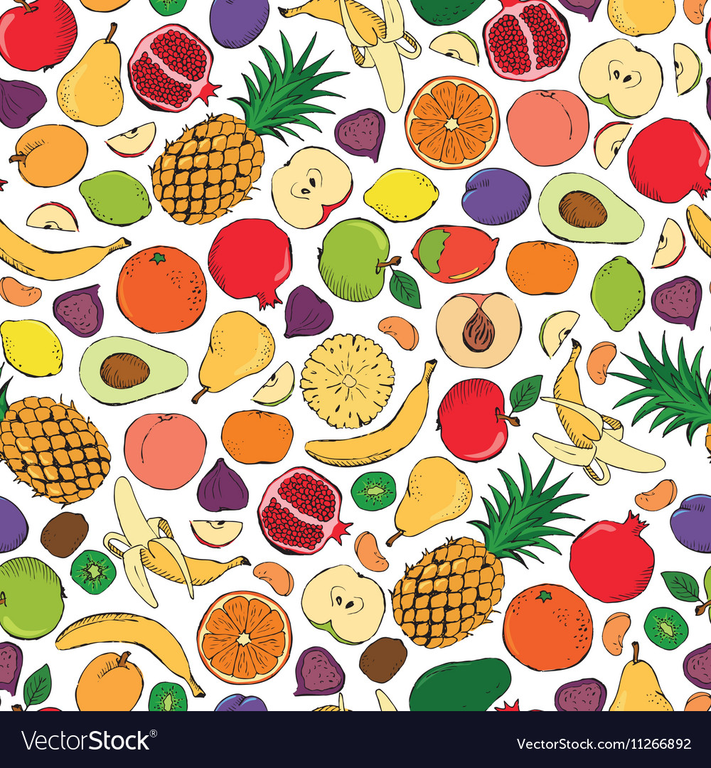 Colored Fruits Doodle Seamless On White Background