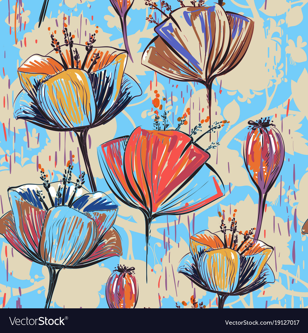 Hand Drawn Decorative Tulips Seamless Royalty Free Vector