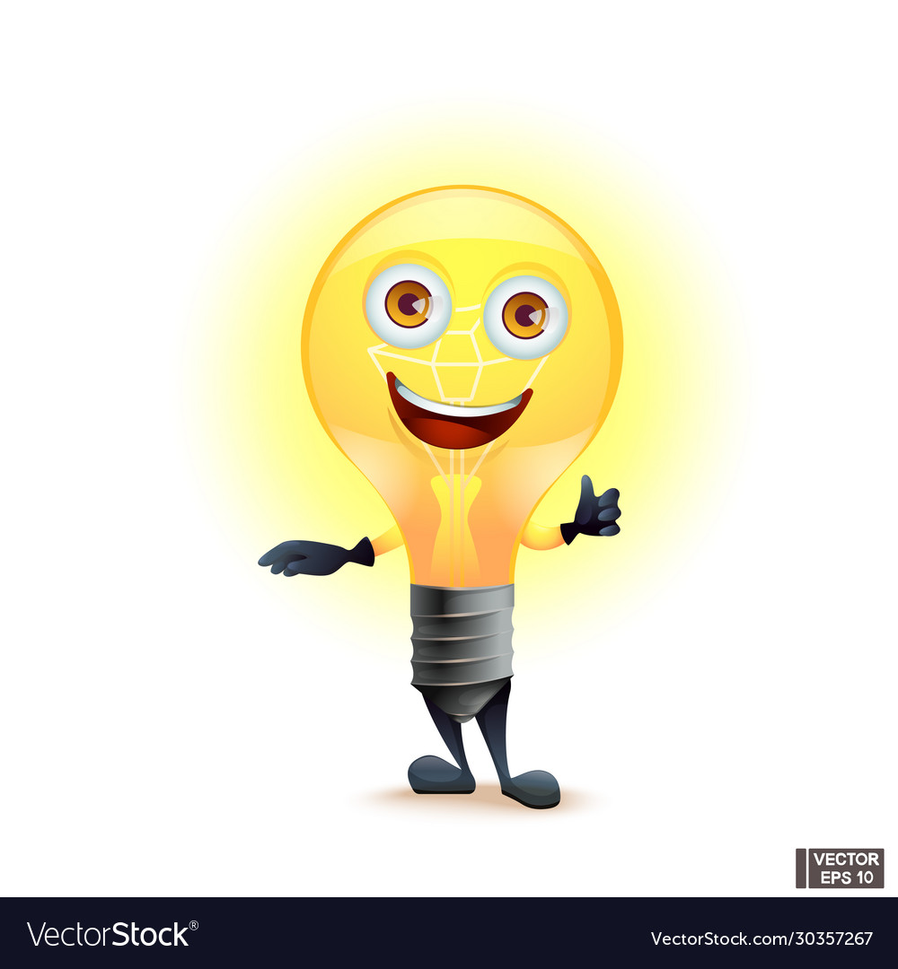 Cartoon Character Bright Yellow Light Bulb Smiling