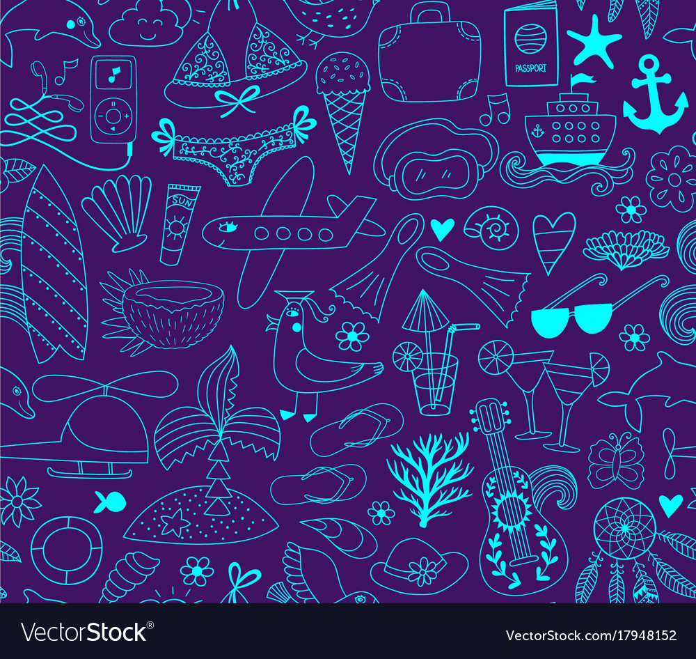 Summer Vacation Set Doodle Elements Seamless Vector Image