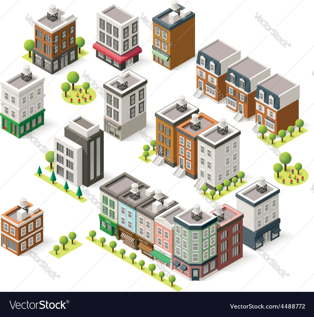 Isometric City Buildings Set Royalty Free Vector Image