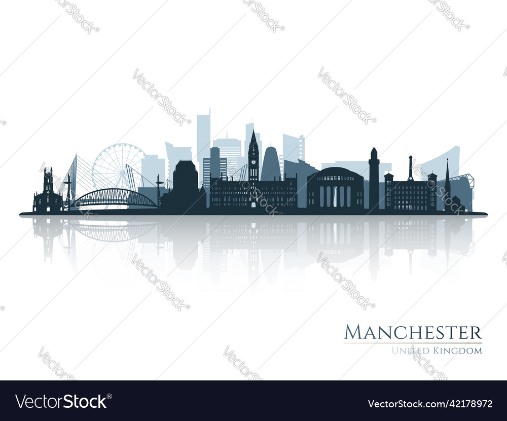 Manchester Skyline Silhouette With Reflection Vector Image