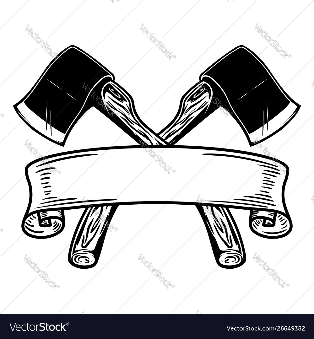 Two Crossed Hatchets With Ribbon Design Element Vector Image