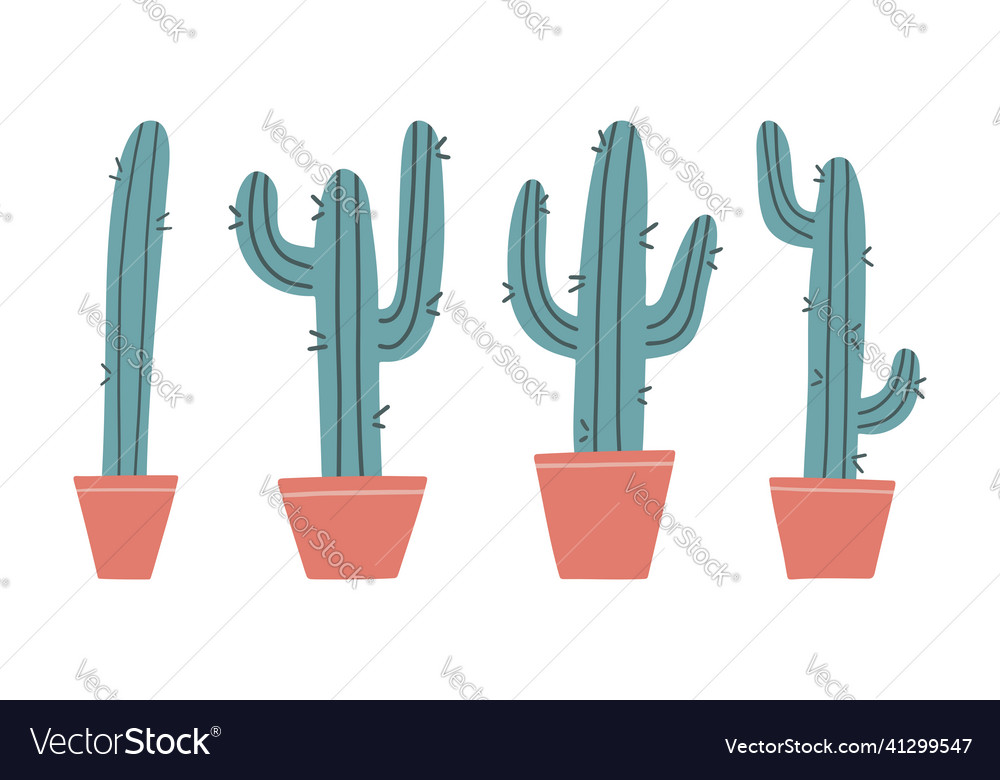 Set Of Cacti In A Pot Hand Drawn Royalty Free Vector Image