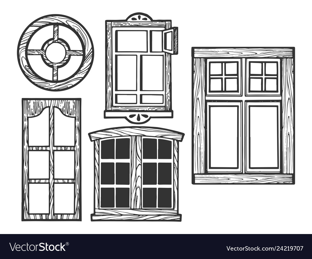 Windows Wooden Sketch Engraving Royalty Free Vector Image