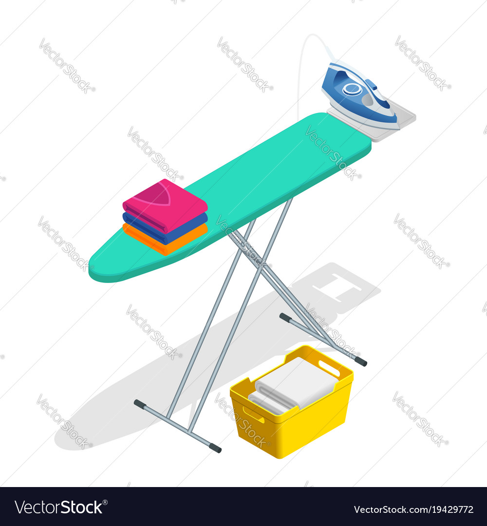 Isometric Iron Ironing Board And Laundry Basketf Vector Image