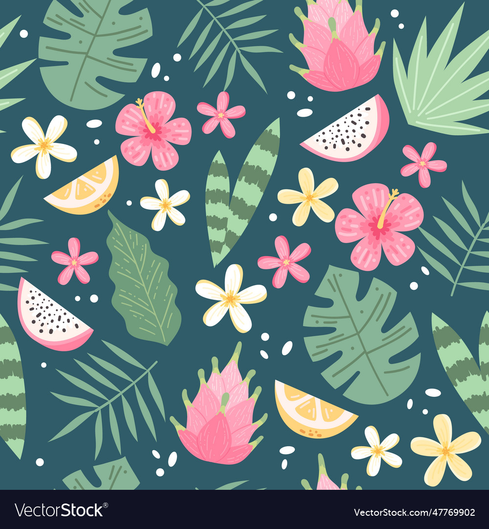 Tropical Leaves And Flowers Seamless Patterns On Vector Image