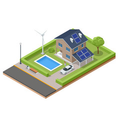 Isometric Modern House With Solar Panels And Wind Vector Image