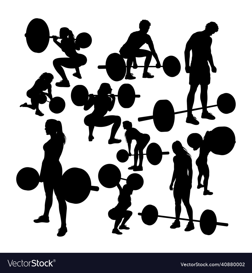 Gym exercise with barbell silhouettes vector image Gym exercise with barbell silhouettes