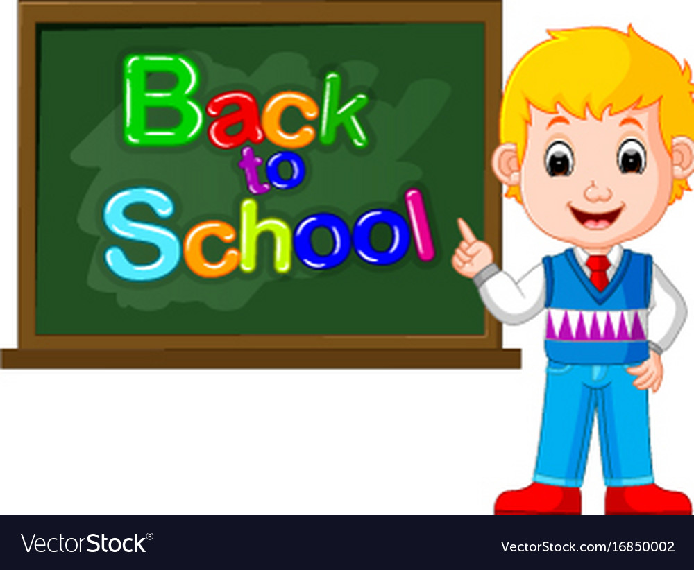 Happy schoolchildren with green banner blackboard Vector Image