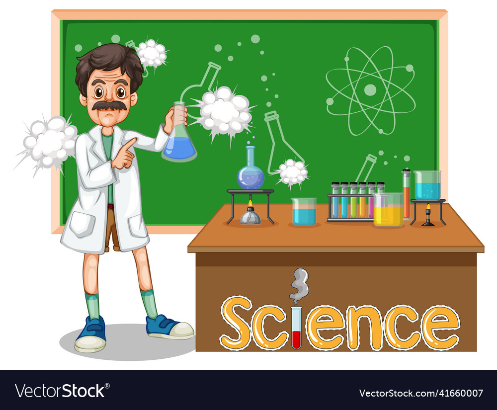 Scientist Man Cartoon Character With Laboratory Vector Image