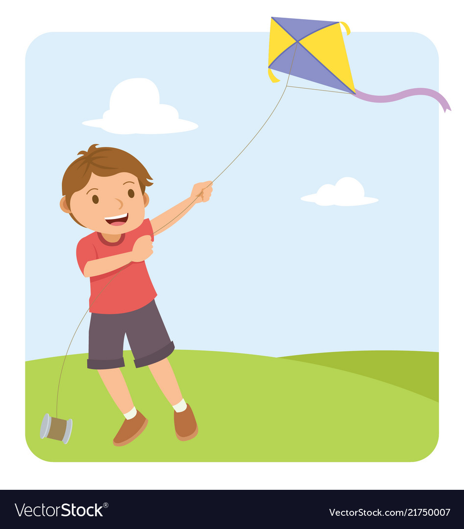 Young Boy With Red Shirt Flying A Kite In The Vector Image