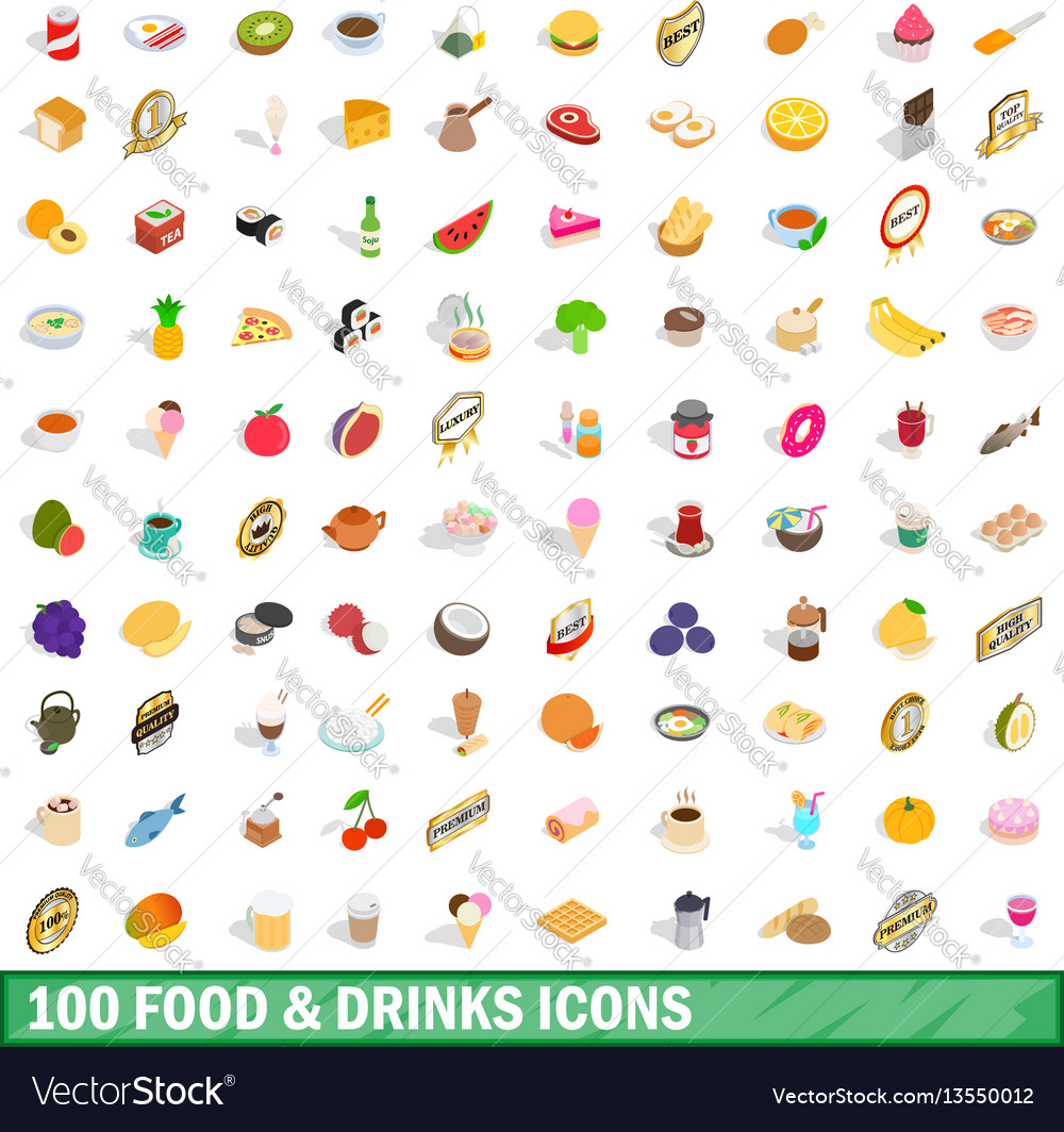 100 food and drinks icons set isometric 3d style Vector Image