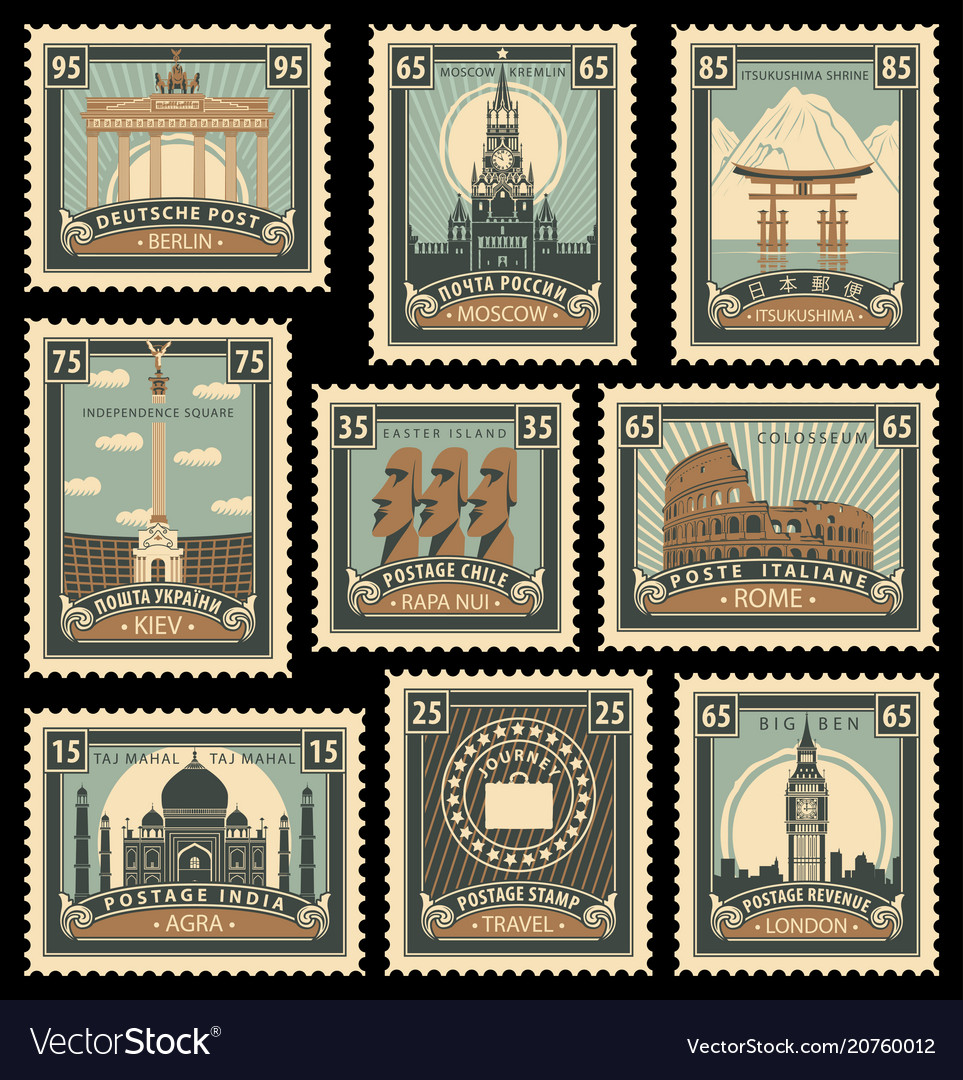 Set of stamps with architectural historical sites Vector Image