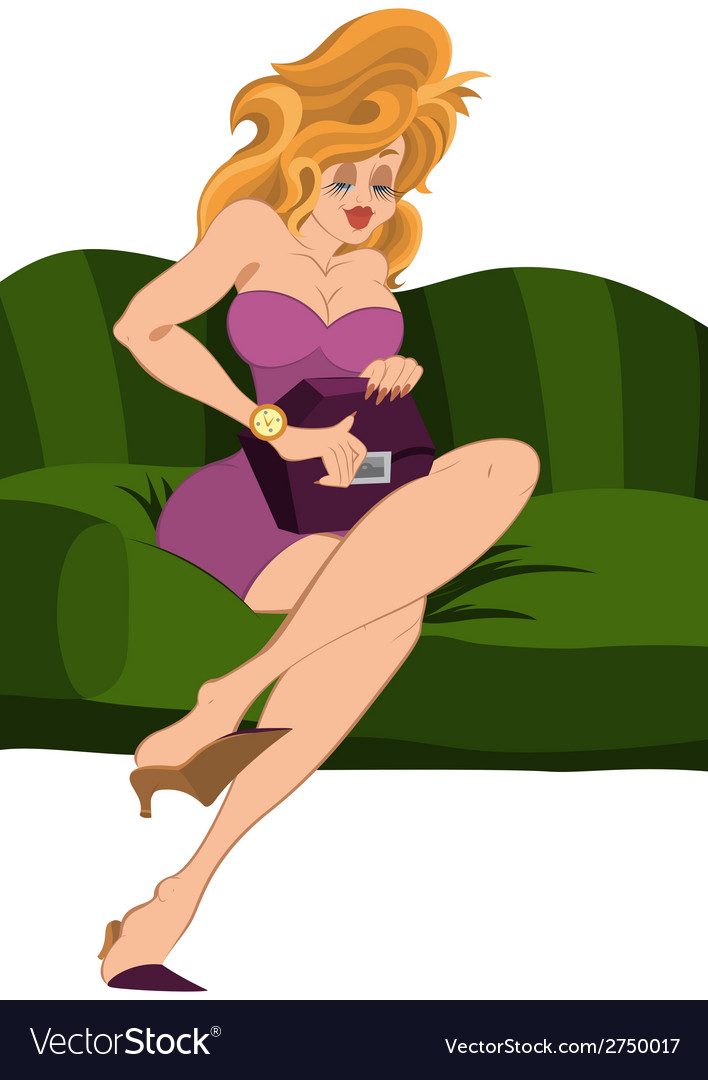 Cartoon Girl Sitting On Green Couch And Looking In