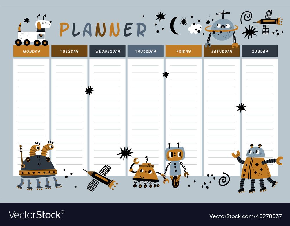 Robots weekly planner funny kids education Vector Image