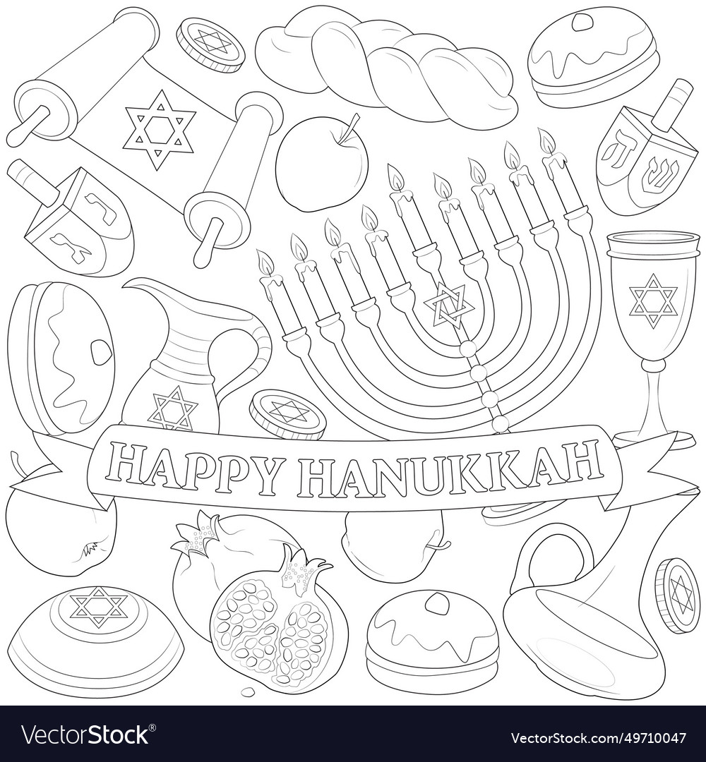 Happy hanukkah coloring page line Royalty Free Vector Image