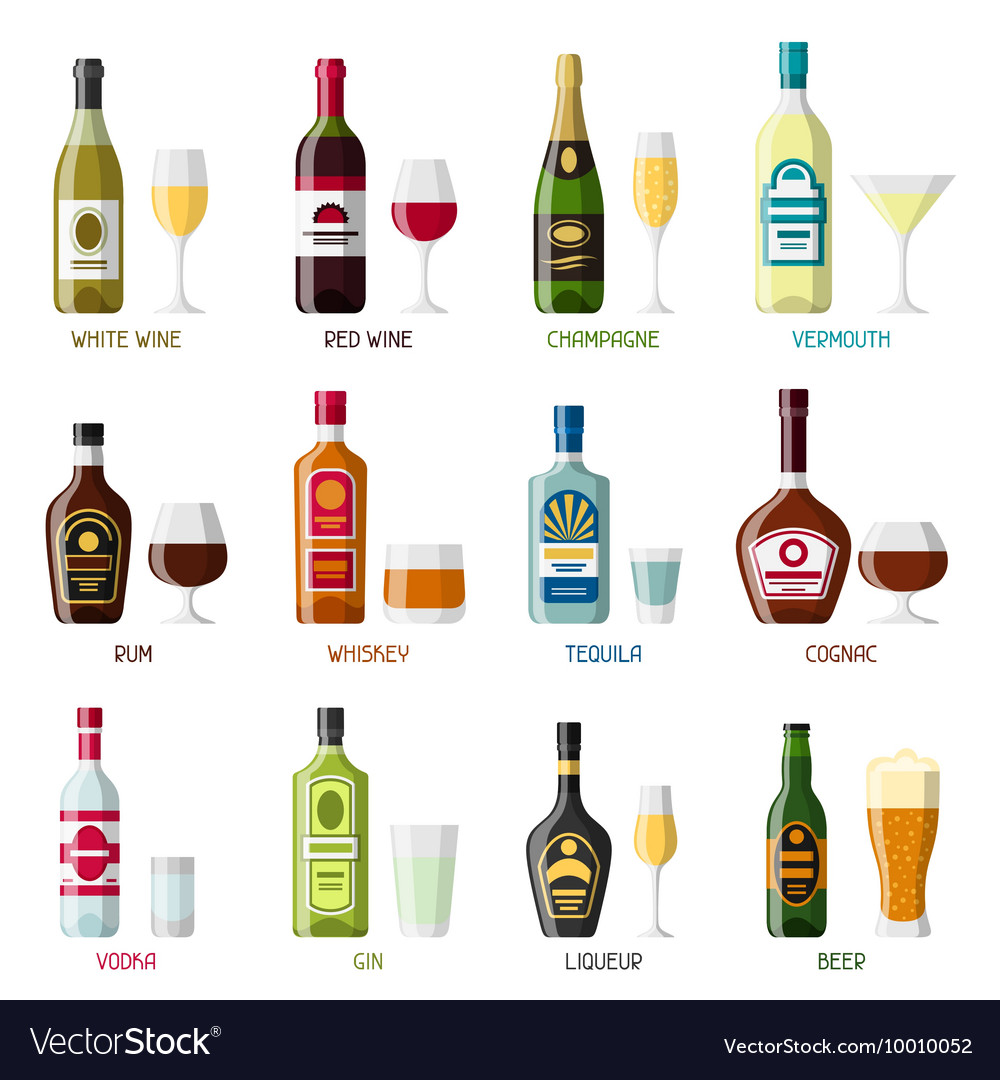 Alcohol Drinks Icon Set Bottles Glasses For Vector Image